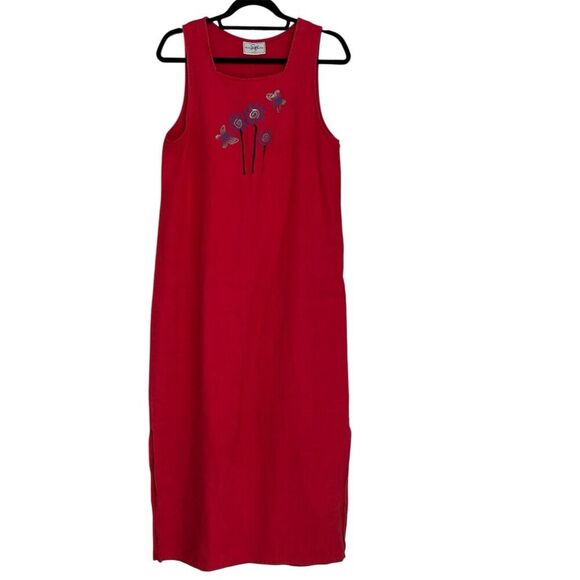 Studio Ease Women's Vintage Red Maxi Dress M Hand-Painted Floral Sleeveless - Picture 3 of 5